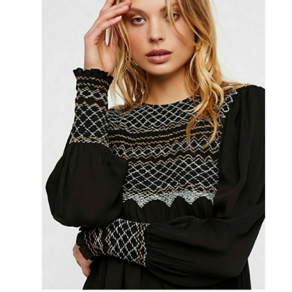 🆕 Free People Long Sleeve Black Dress. Smocked & Embroidery Detailed. NWT - Picture 4 of 15